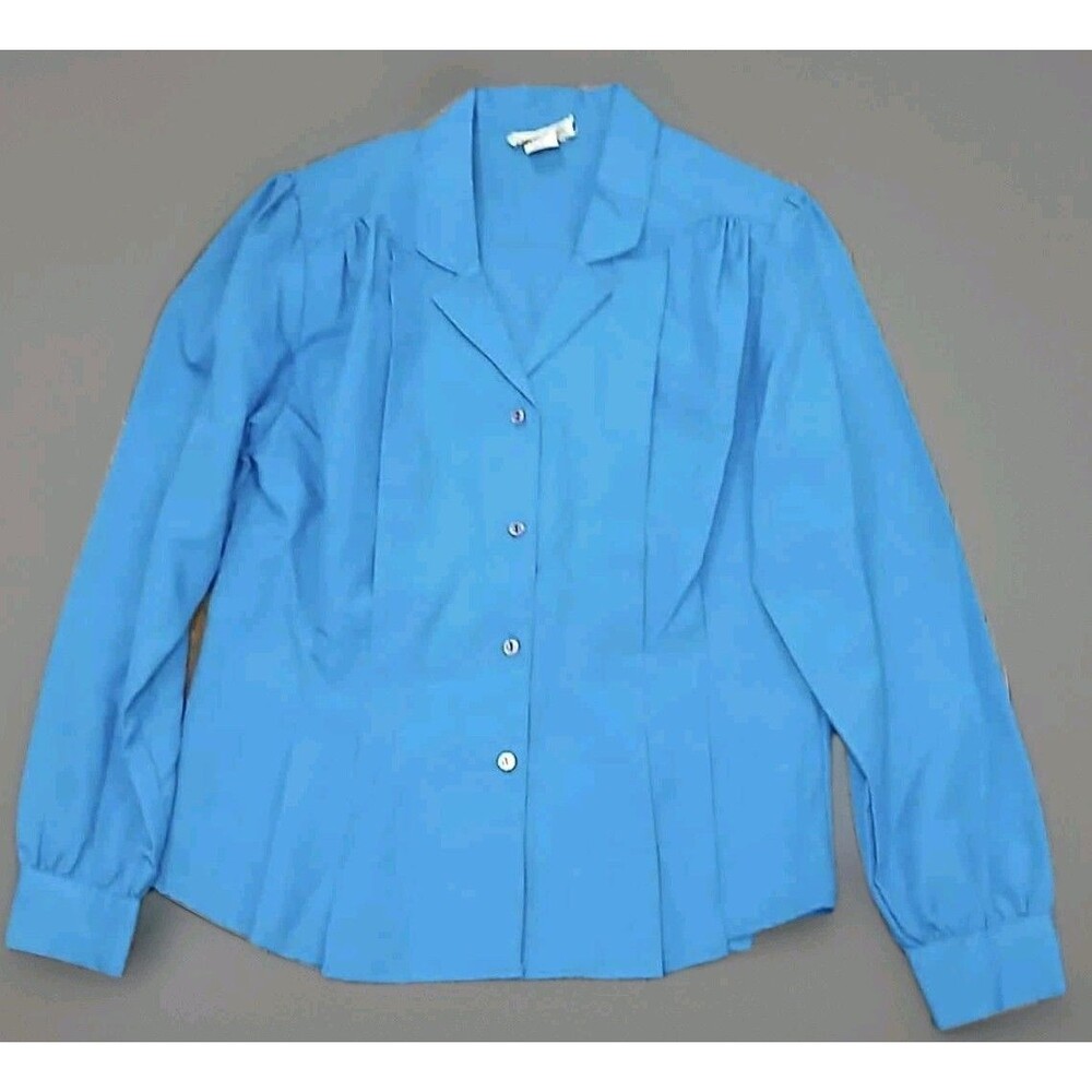VTG 80s Custom Design Blue Pleated Blouse Womens M Shoulder Pads Retro Cottage